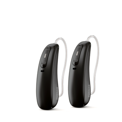 Two Phonak Lumity L50 hearing aids in velvet black.