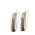 Two Phonak Lumity L70 hearing aids in sand beige.