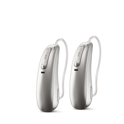 Two Phonak Lumity L70 hearing aids in silver gray.