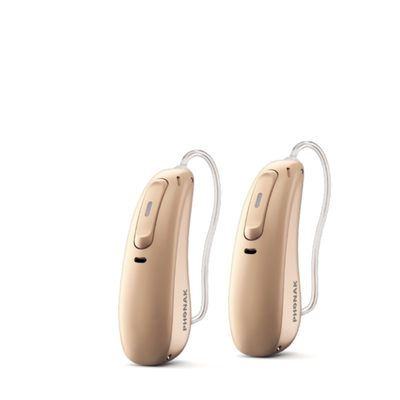 Two Phonak Lumity L50 hearing aids in beige.