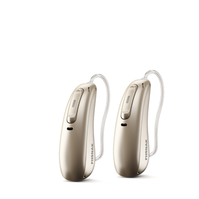 Two Phonak Lumity L50 hearing aids in  champagne.