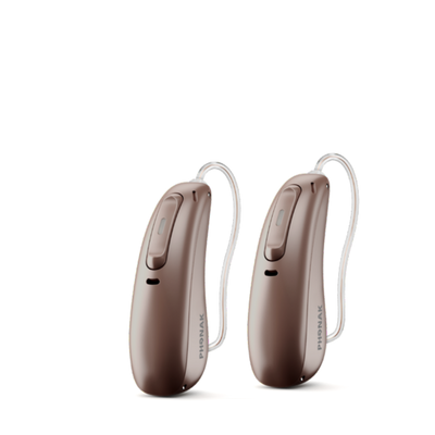 Two Phonak Lumity L50 hearing aids in chestnut brown.