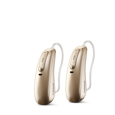 Two Phonak Lumity L70 hearing aids in sand beige.