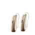 Two Phonak Lumity L50 hearing aids in beige.