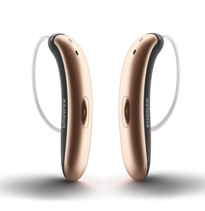 A pair of Phonak Slim L90 hearing aids in Sandalwood/Black