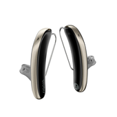 A pair of Signia Styletto IX 7 kit hearing aids in black and fine gold.