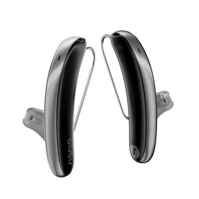 A pair of Signia Styletto IX 7 kit hearing aids in black and graphite.