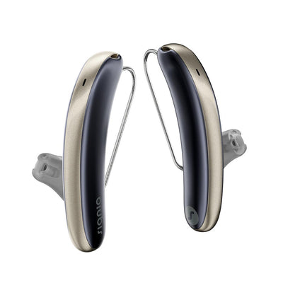 A pair of Signia Styletto IX 7 kit hearing aids in cosmic blue and fine gold.