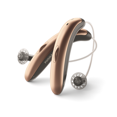 Two Phonak Slim L90 hearing aids in Sandalwood/Black